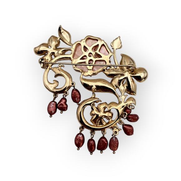 Floral & Mother-of-Pearl Style Brooch Pink Blossoms, Rhinestones & Dangle Pearls - Picture 2 of 9
